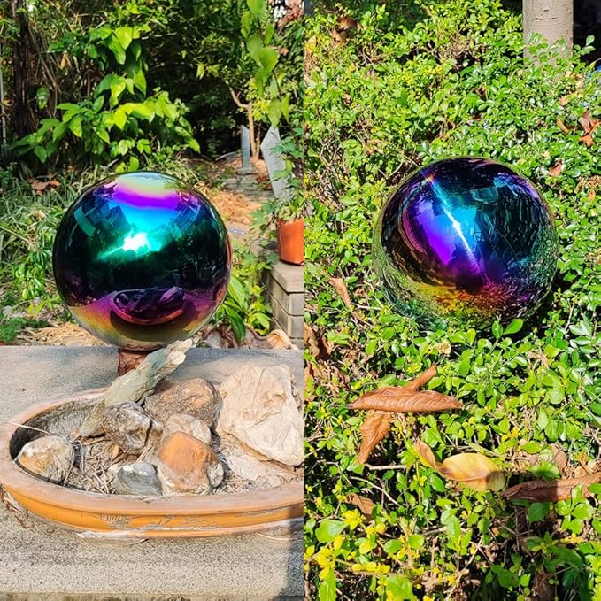 30cm/12 inch Garden Sphere Mirror Gazing Ball,Rainbow Stainless Steel Polished Reflective Smooth Hollow Globe Ball,Durable Colorful and Shiny Decorations Addition to Garden Patio Yard Home