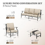 HERA'S HOUSE 5 Piece Patio Furniture Set, 2 x Cushioned Metal Chair, 2 x Ottoman, 1 x 3-Seat Sofa, All Cushioned 7 Seats Outdoor Conversation Set for Lawn Garden Backyard