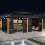 PURPLE LEAF 12' X 20' Patio Hardtop Gazebo Double Top Outdoor Screen House Aluminum Solarium Backyard Sun Room with Detachable Windows and 36 Solar String Light