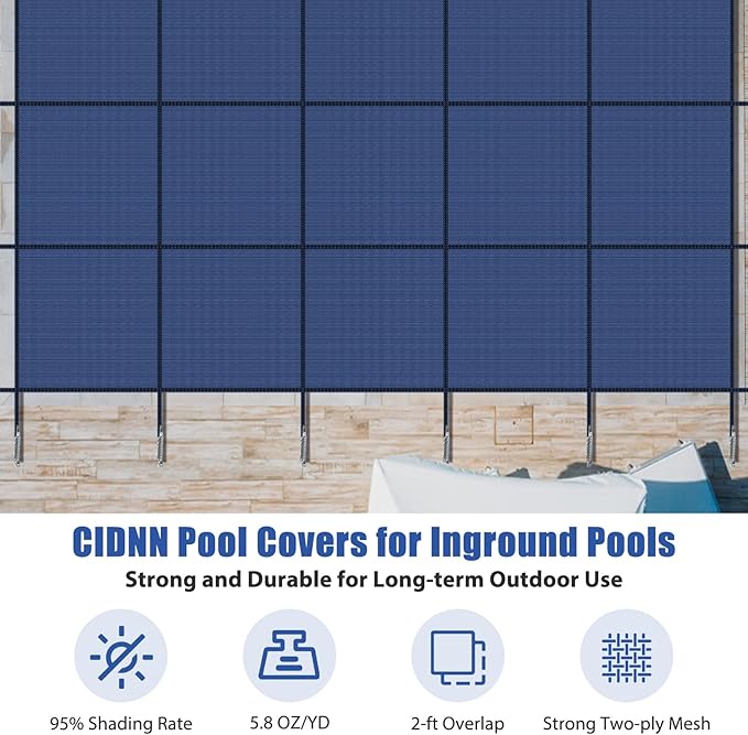 Inground Pool Cover Safety Fits Rectangle Swimming Pool, Mesh Solid Pool Cover for Inground Pools,Winter Pool Safety Cover Includes Safety Net and Installation Tools Blue (Blue, Fits 16x36ft Pools)