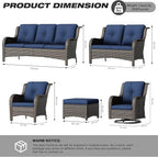 Joyside Wicker Patio Furniture Sets 7 Piece Set with One 3-Seat Sofa, Four Armchairs, Two Ottomans, Wicker Outdoor Furniture Sectional Conversation Set(Mixed Grey/Blue)