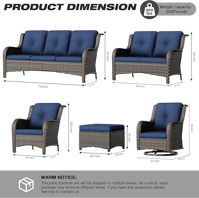 Joyside 4 Pieces Outdoor Patio Furniture Set Wicker Conversation Bistro Set 2 PE Wicker Patio with 2pcs Ottomans for Backyard, Porch, Balcony(Mixed Grey/Blue)