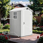 Devoko 4x4 FT Outdoor Shed, Compact & Secure Plastic Resin Storage with Lockable Door, Features Built-in Floor & Window for All-Weather Garden, Patio, and Poolside Organization, Light Gray