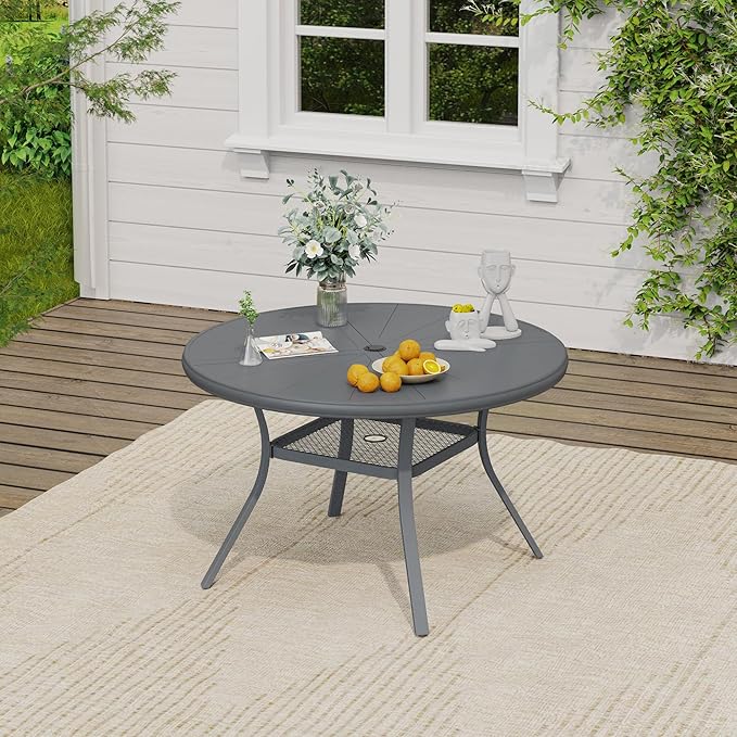 VICLLAX Outdoor Patio Round Dining Table, 40.6"x 40.6" Aluminum Tabletop with Storage Shelf for Deck Lawn Garden Backyard, Dark Grey