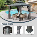 Domi 8' x 10' Hardtop Gazebo Permanent Metal Gazebo with Galvanized Steel Double Roof, Curtains and Netting for Party, Wedding, Outdoor Dining, Patio, Backyard, Grey