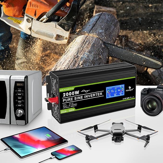NOVOPAL 2000 Watt Pure Sine Wave Power Inverter DC 12V to AC 110V 120V Rv Inverters with 1 USB Port-16 feet Remote Control, LCD Display for Truck, Hurricane, Home