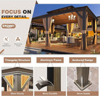EROMMY 12'x18' Hardtop Gazebo,Galvanized Steel Double Roof Metal Gazebos with Curtain and Netting, Brown Permanent Pavilion Canopy with Aluminum Frame for Patios,Gardens,Lawns