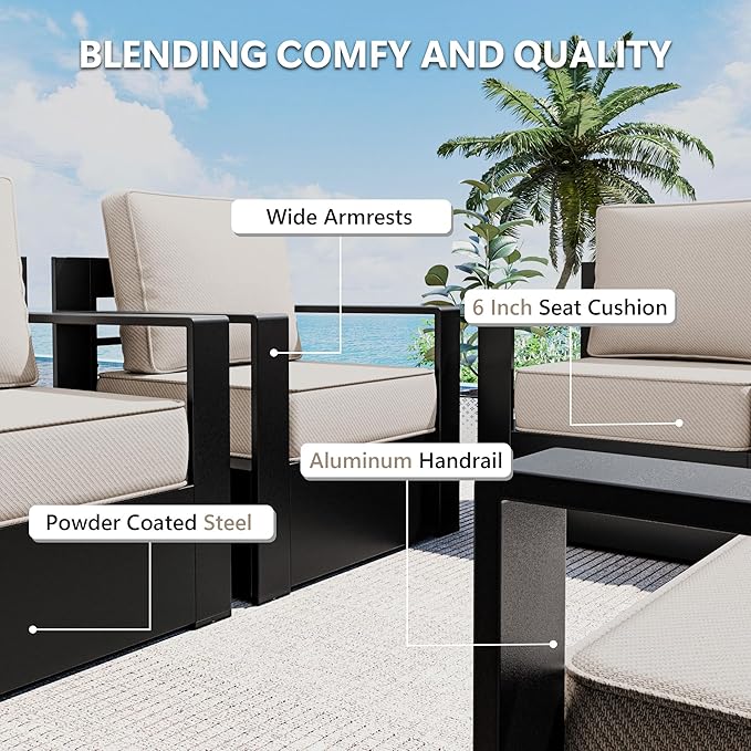 Outdoor Patio Furniture Set, 3-Piece Aluminum Patio Conversation Set All-Weather Metal Outdoor Sectional with 6 Inch Thick Cushions, Deep Setting for Garden, Outside and Porch