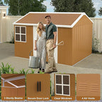 10x8 FT Outdoor Steel Storage Shed with Clear Windows, Sliding Lockable Door & Ventilation, Brown and White Weather-Resistant Metal Tool Shed for Garden, Backyard, Lawn, and Utility Storage