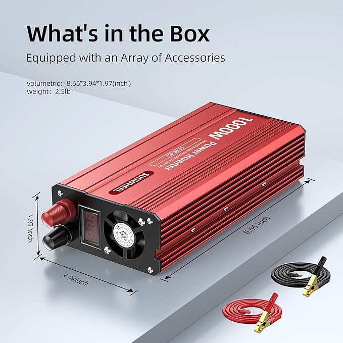 SUNWHEEL 1000W Power Inverter, DC 12V to 110V AC Car Inverter with LCD Screen Display, 2 AC Outlets, Equipped with 2 Clips for Truck, Home, Vehicles, Laptop, Trip