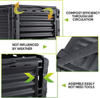JupiterForce Garden Compost Bin 80 Gallon (300 L) from BPA Free Material, Large Composting Bin Outdoor Composter, Easy Assembling, Fast Creation of Fertile Soil, Lightweight, Black