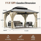 11 x 13 FT Wood Gazebo,Outdoor Wooden Hardtop Gazebo with Galvanized Steel Doule Roof,Cedar Wood Frame Gazebos with Netting&Curtains for Patio Backyard Deck