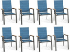 PHI VILLA Outdoor Stackable Chairs, Patio Chairs Set of 8, Light Weight Aluminum Frame with Textilene Fabric & Wood Armrest, High Back Deck Chairs for Poolside Lawn Garden, Blue