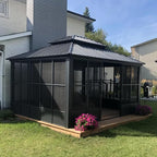 PURPLE LEAF 12' X 14' Sunroom Hardtop Gazebo Solarium with Light Galvanized Steel Double Roof All-Weather Aluminum Outdoor Screen House for Patio Deck Backyard Grey