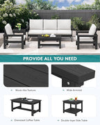 SERWALL HDPE Patio Furniture Set, 7-Piece Outdoor Sectional Sofa Set, All Weather Outdoor Couch Set for Deck, Lawn, Black Frame with Khaki Cushion