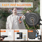 NEOTEC Retractable Garden Hose Reel 1/2 inch x 130ft - Wall Mounted Heavy Duty Hose Reel with 3/4 Inch Brass Fittings & 9-Pattern Nozzle - Auto Rewind System, Any Length Lock, 180° Swivel Bracket