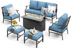 Patio Furniture Set, 6 Pcs Metal Outdoor Conversation Set, 2 Single Chairs, 2 Ottomans and 3 Seater Sofa with 5.75" Extra Thick Cushion and Gas Fire Pit Table, Navy Blue