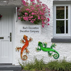 HONGLAND Metal Gecko Wall Art- 15 Inch Lizard Outdoor Decor Hanging Glass Sculpture, 2 Pack Gecko Wall Art Decorations for Garden Fence Home (Green&Orange)