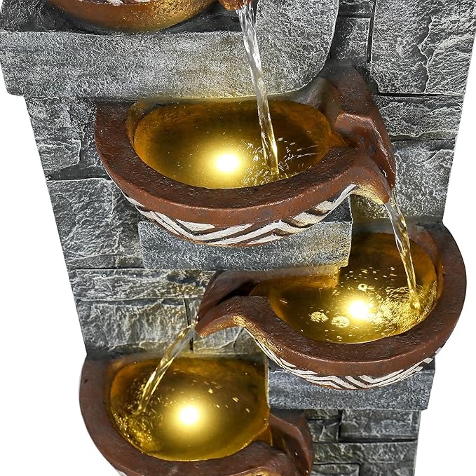56.6" H 6-Tier Outdoor Water Fountain with LED Lights - Tall Cascading Jars Waterfall Feature with Tribal-Inspired Design for Garden, Patio, Yard, and Home Décor