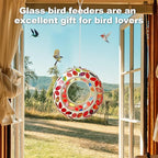 Mosaic Bird Feeder, Outside Hanging with Round Shape Glass BirdFeeders to Attract More Wild Birds, Mosaic Fly Through for Garden, Yard, Backyard, Deck and Porch Decor, Red 7-Inch