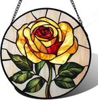 Stained Glass Window Hanging - Elegant Yellow Rose Flower Sun Catcher for Door Garden Home Decor Suncatcher Christmas Mother's Day Birthday Gifts for Women Mom Girl Nana Friend 9.8 in