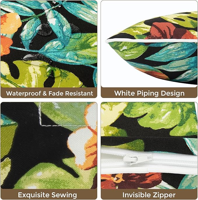 Lumbar Pillow Covers Set of 2, Outdoor Indoor Waterproof Decorative Patio Lumbar Pillowcase Shell 12x20 Inch, Rectangular Cushion Case for Couch Sofa Garden Farmhouse-Maui Tropical Black