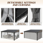 12' x 16' Hardtop Wall Mounted Gazebo, Lean to Gazebo with Galvanized Steel Roof Aluminum Frame Wall Gazebos Pergola with Netting&Curtains for Outdoor, Backyard, Patio