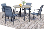 5 Pieces Round Dining Table Set for 4, Patio Dining Set Includes 4 Blue Stackable Patio Chairs and 1 Honey Oak Round Table, Patio Furniture Sets with Sling Support for Outside, Garden