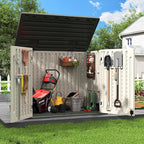 Amopatio Horizontal Outdoor Storage Shed, 34.5 Cu Resin Outdoor Storage Cabinet Waterproof, Outside Cabinet Weather Resistant for Trash Cans, Lawn Mower, Garden Tools, Patio Furniture, Light Grey