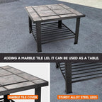 30-Inch Square Fire Pit Table, Wood Burning Fireplace/Firepit with Marble Tile Tabletop, Mesh Lid, Fire Grate, Poker and Nylon Cover