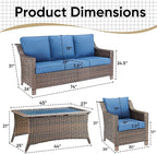4 Piece Patio Furniture Set-Outdoor Rattan Wicker Sofa with Patio Chairs Outdoor Furniture for Porch Garden Backyard Poolside-Brown/Blue