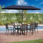 PHI VILLA 7 Pieces Patio Dining Set for 6 with 13ft Large Patio Umbrella, Metal Outdoor Stackable Wrought Iron Chair Set of 6 & 60"X38" Metal Dining Table,Market Table Dark Blue Umbrella