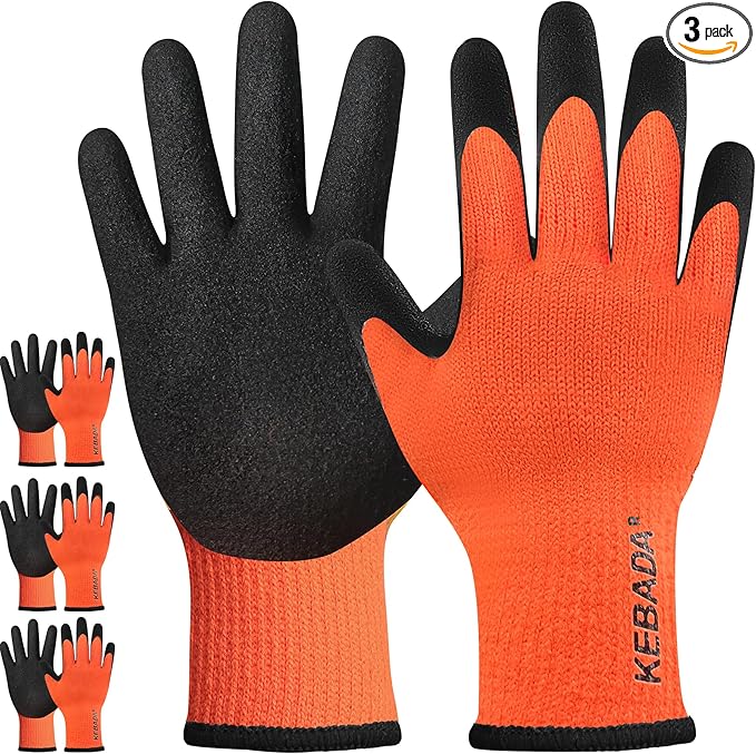 Kebada T3 Winter Work Gloves for Men and Women, Warm Knit Cold Weather Work Gloves, Thermal Insulated Freezer Gloves, 100% Latex Coating Non-slip Grip, Long Wrist Design, 3 Pairs, Orange, Large
