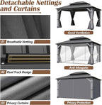 12 x 16FT Wood Gazebo, Wooden Frame Gazebos with Netting and Curtains,Outdoor Hardtop Gazebo with Wood Posts and Galvanized Steel Doule Roof for Lawn, Backyard Deck
