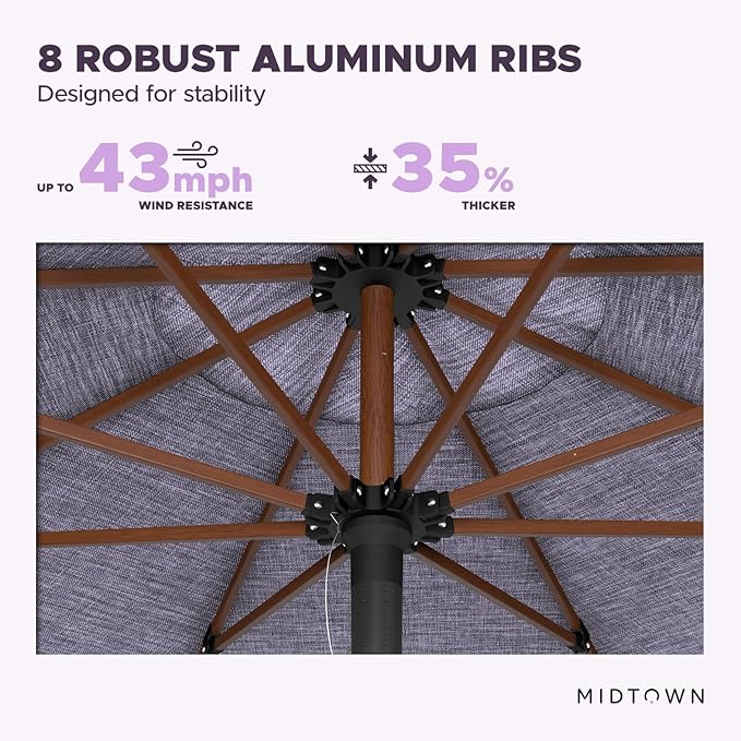 Midtown Umbrellas The Wooden 9 Feet Patio Umbrella With Terylast Purple Texture Polyester Fabric - Aluminum Frame Market Umbrella For Backyard, Deck, Garden, Pool - Wooden Pole