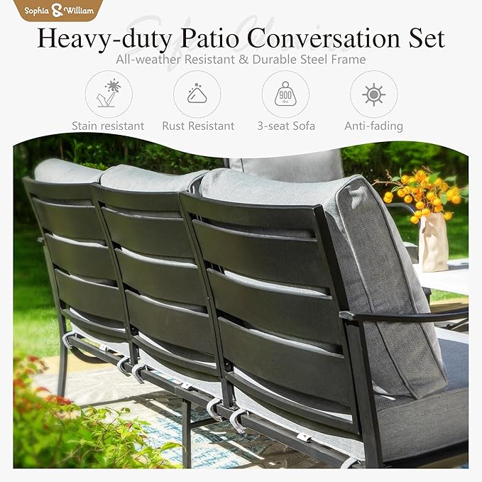 Sophia & William Patio Furniture Sets with 45" Gas Fire Pit Table for 7 Outdoor Conversation Sets 6 Pcs, 2 x Swivel Cushioned Sofa Chairs, 1x3-Seat Sofa, 2xOttomans for Backyard Poolside Grey