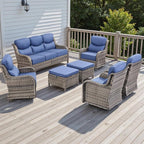 Rilyson Wicker Outdoor Patio Furniture Set - 7 Piece Patio Conversation Sets with Swivel Rocker Chairs, Ottomans and Sofa, 6 inch Cushions, Waterproof Wicker, for Porch Deck Mixed Grey/Blue
