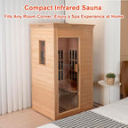1-Person Indoor Infrared Sauna 1000W – Canadian Hemlock Wood Home Sauna with Red Light Therapy, Bluetooth Speaker, Glass Door,Big Room: 37.8" x 30.3" x 65.4"