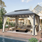 YOLENY 12'x14' Hardtop Gazebo, Permanent Outdoor Aluminum Patio Gazebo with Aluminum Composite Double Arc Roof for Patio Lawn and Garden, Curtains and Netting Included