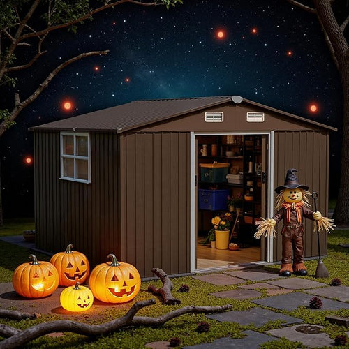 10FT x 8FT Outdoor Storage Shed, Waterproof, Lockable Door Metal Tool Shed with Sliding Door and Air Vents, Storage House for Gardening Tools, Metal Storage Shed for Garden, Backyard, Lawn