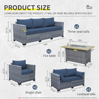 5 Piece Wicker Patio Furniture Sets Outdoor Conversation Set, PE Rattan Sectional Sofa Couch with 45" Fire Pit Table and Non-Slip Navy Blue Cushions, Furniture Covers Included