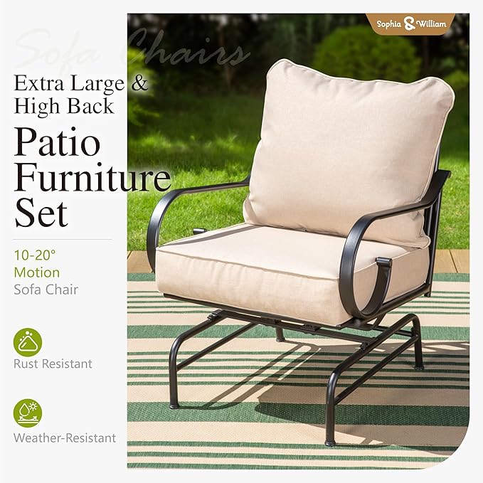 Sophia & William 6 Piece Patio Furniture Set with Fire Pit, Outdoor Conversation Sets 7 Seat Clearance with 45" Gas Fire Pit Table x 1, 3-seat Sofa x 1, Rocking Chair x 2,Cushioned Chair x 2, Beige