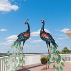 chisheen Garden Decor Outdoor Statues, Metal Peacock Decor for Outside, Garden Art Sculptures Standing for Patio Yard Lawn Home Decorations, Set of 2