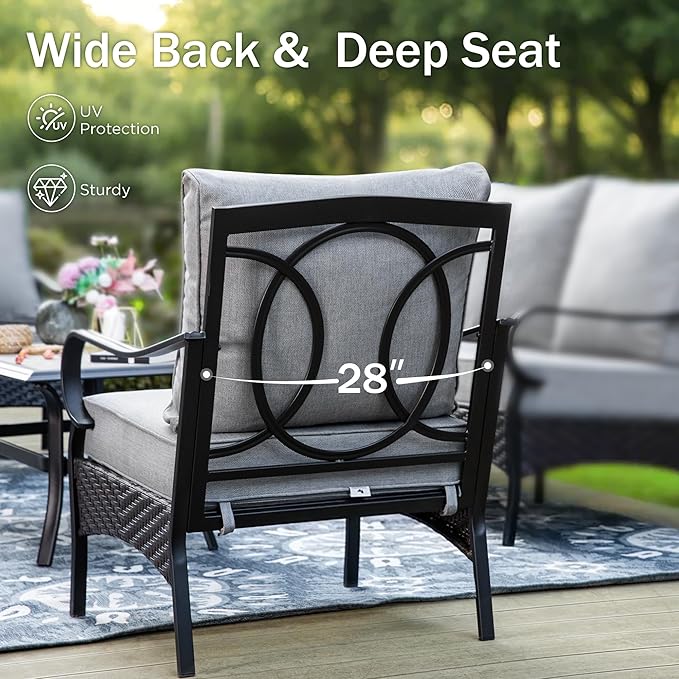 PHI VILLA Outdoor Modern Patio Furniture Set, Upgraded Wicker&Metal Patio Furniture Conversation Set with Waterproof Thick Cushions for Porch, Poolside, Deck, and Yard (5 Pieces,Grey)