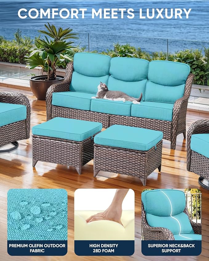 Luxury 24x24x6 Inch Smile Patio Cushions for Outdoor Furniture Set of 6 - Thick Back & Deep Seat Outside Chair Pillows for Rattan Metal Glider Loveseat Sectional Sofa - Turquoise