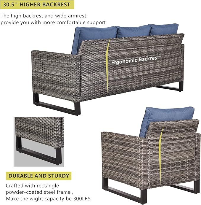 HUMMUH 7 Piece Patio Furniture with Fire Pit 30in 55,000 BTU,PE Wicker Outdoor Conversation Sets - Couch,Patio Chairs and Ottomans,Side Table for Porch,Garden,Backyard