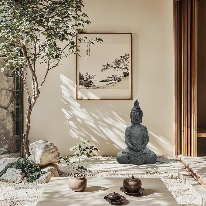LuxenHome Large Buddha Statue Outdoor and Indoor, 22" Fiber Stone Meditating Buddhas Garden Statues Outdoor, Zen Buddha Garden Sculptures & Statues, Outdoor Statues for Patio, Backyard Deck
