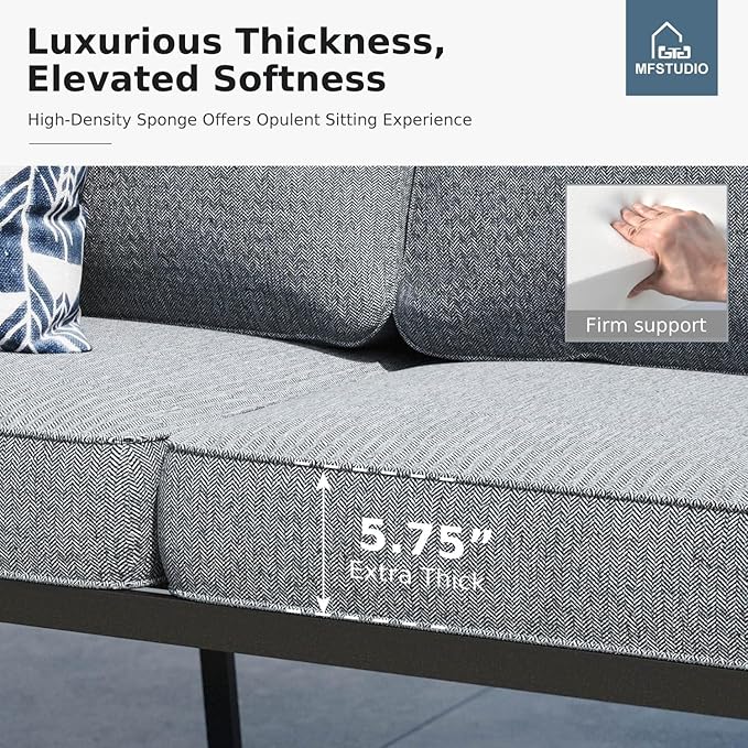 MFSTUDIO 8 Pieces Patio Furniture Sets with 45" Gas Fire Pit Table(Up to 9 Seat), Outdoor Metal Conversation Sofas with 1 x 3-Seat Sofa, 2 Single Chairs, 2 Rocking Chairs and 2 Ottoman, Grey Cushion