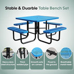 46Inch Square Picnic Table for 8 Person, Outdoor Heavy Duty Sturdy Picnic Tables with 4 Benches & Umbrella Hole, Commercial Metal Patio Picnic Table for Garden, BBQ, Coffee Store, Party, Porch (Blue)