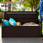 JUMMICO 80 Gallon Resin Outdoor Storage Bench, Large Deck Box with Armrest, Lockable & Waterproof for Garden, Home, Patio, Pools (Brown)